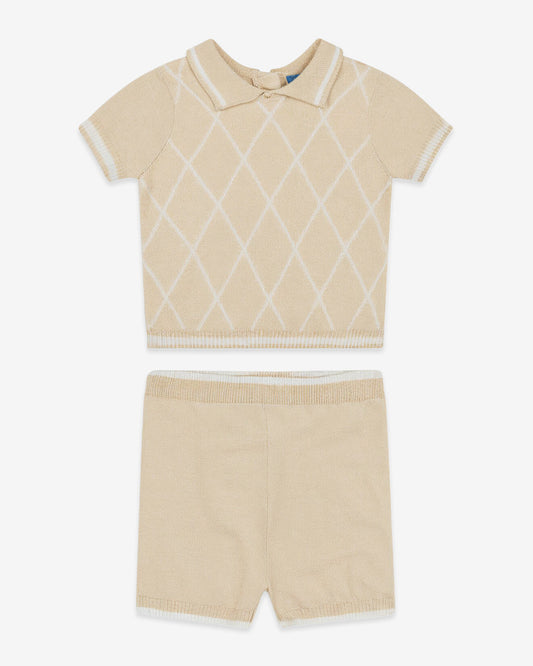 Draper James Beige Argyle Polo Sweater Short Set in Beige