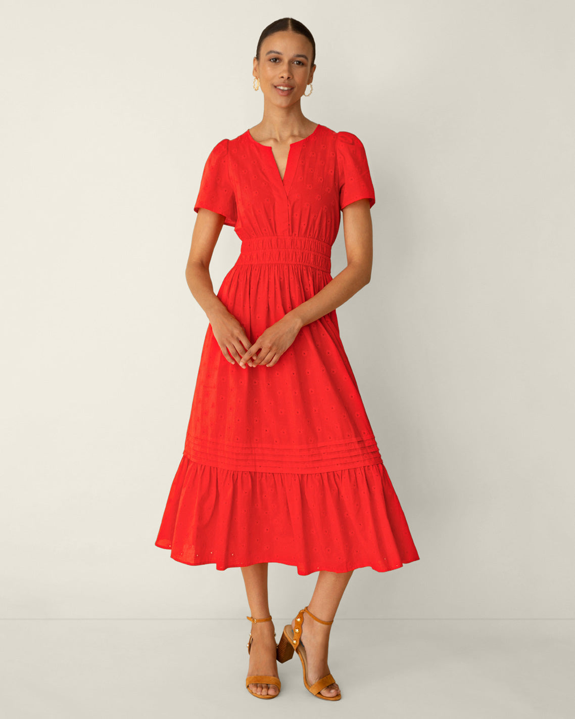 Draper James Lipstick Red Hollie Midi Dress in Embroidered Flower