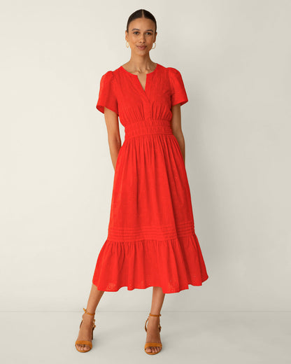 Draper James Lipstick Red Hollie Midi Dress in Embroidered Flower