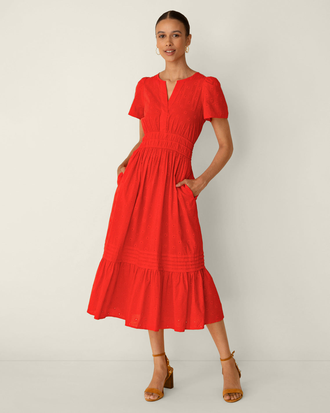 Draper James Lipstick Red Hollie Midi Dress in Embroidered Flower