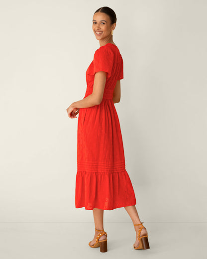 Draper James Lipstick Red Hollie Midi Dress in Embroidered Flower