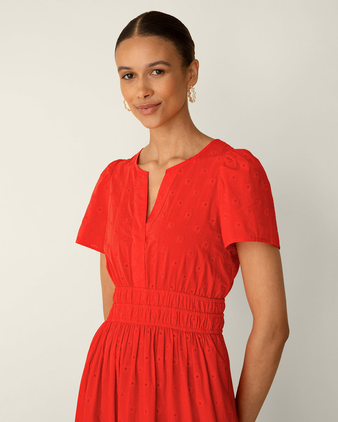 Draper James Lipstick Red Hollie Midi Dress in Embroidered Flower