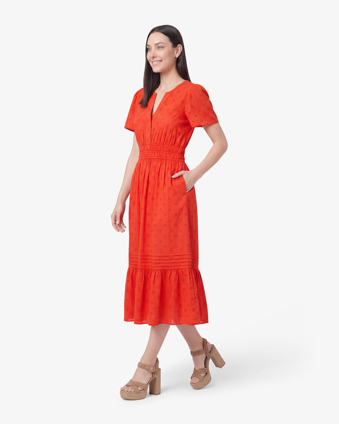 Draper James Lipstick Red Hollie Midi Dress in Embroidered Flower