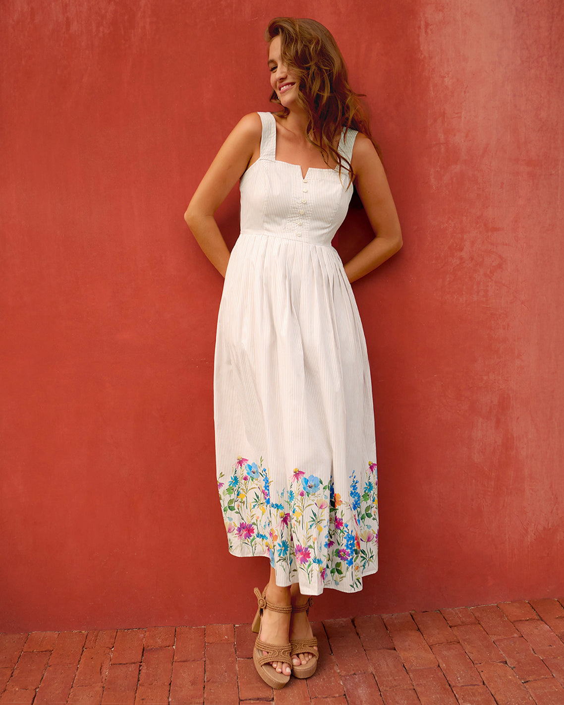 Draper James Tan Clarence Midi Dress in Summer Blooms