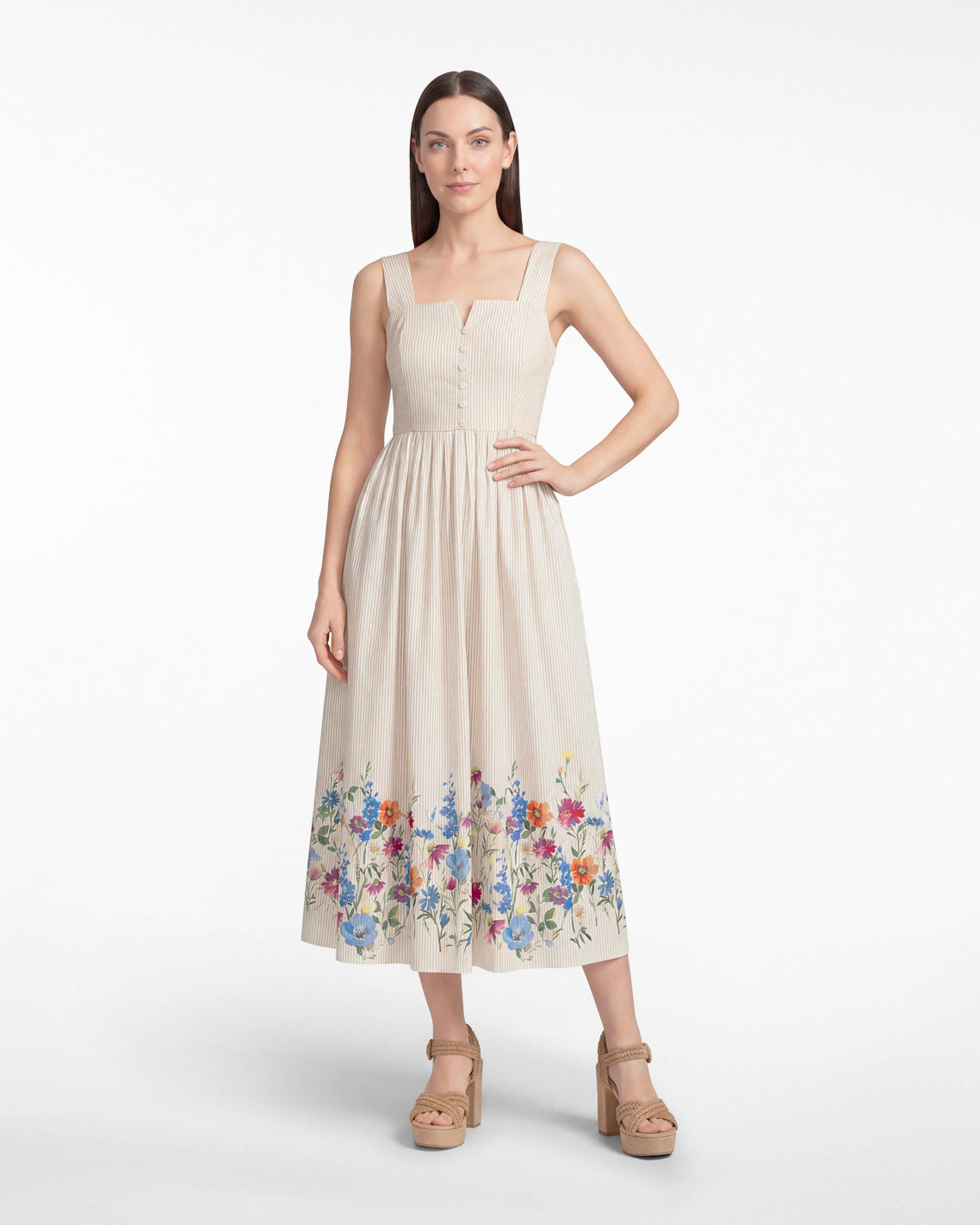 Draper James Tan Clarence Midi Dress in Summer Blooms