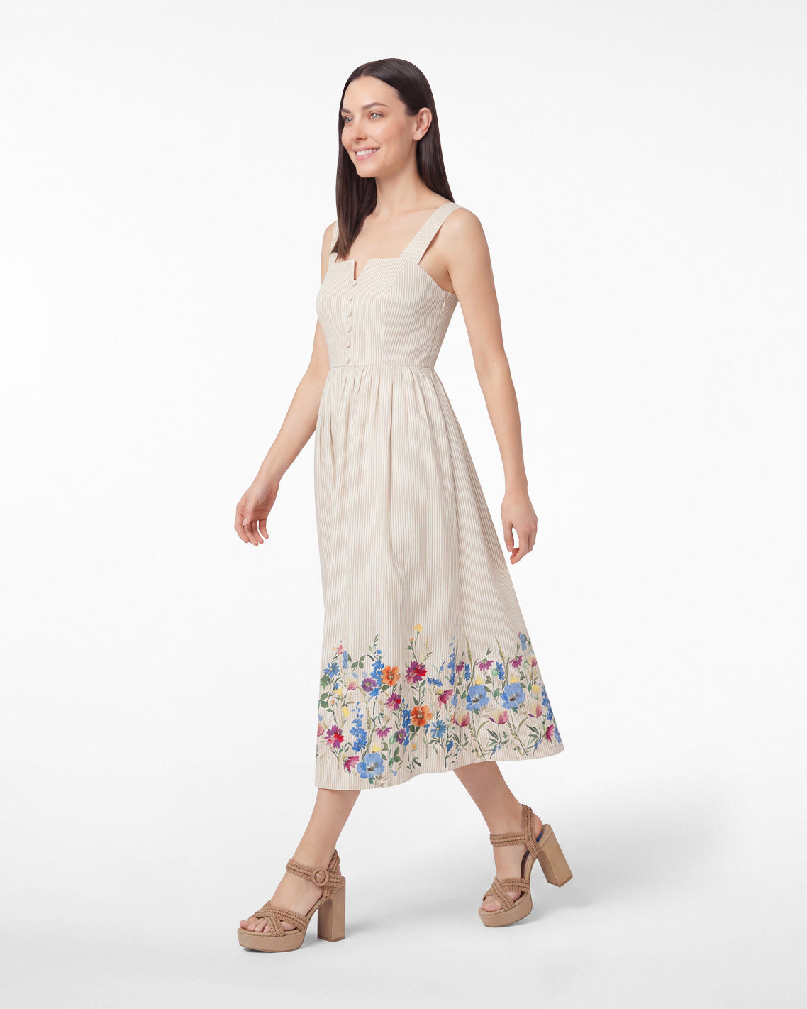 Draper James Tan Clarence Midi Dress in Summer Blooms