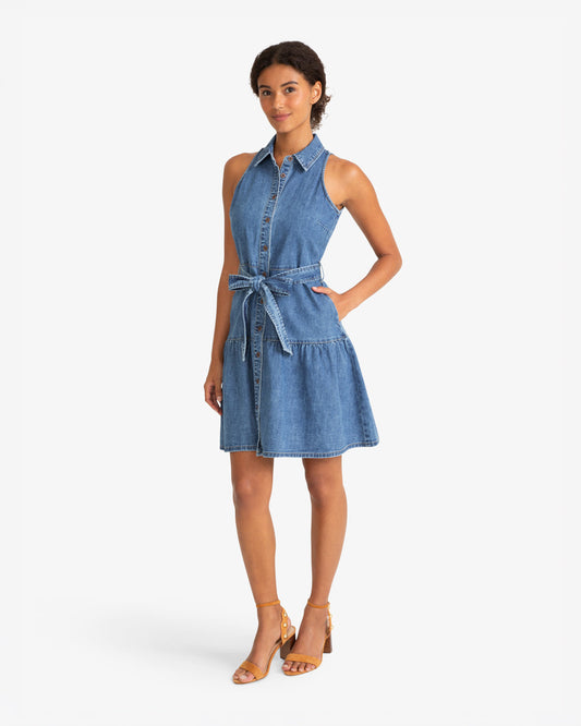 Draper James Medium Wash Lexi Sleeveless Tie Waist Dress