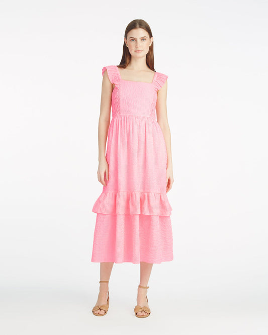 Draper James Pink Seersucker Stripe Carrie Midi Dress in Pink Seersucker