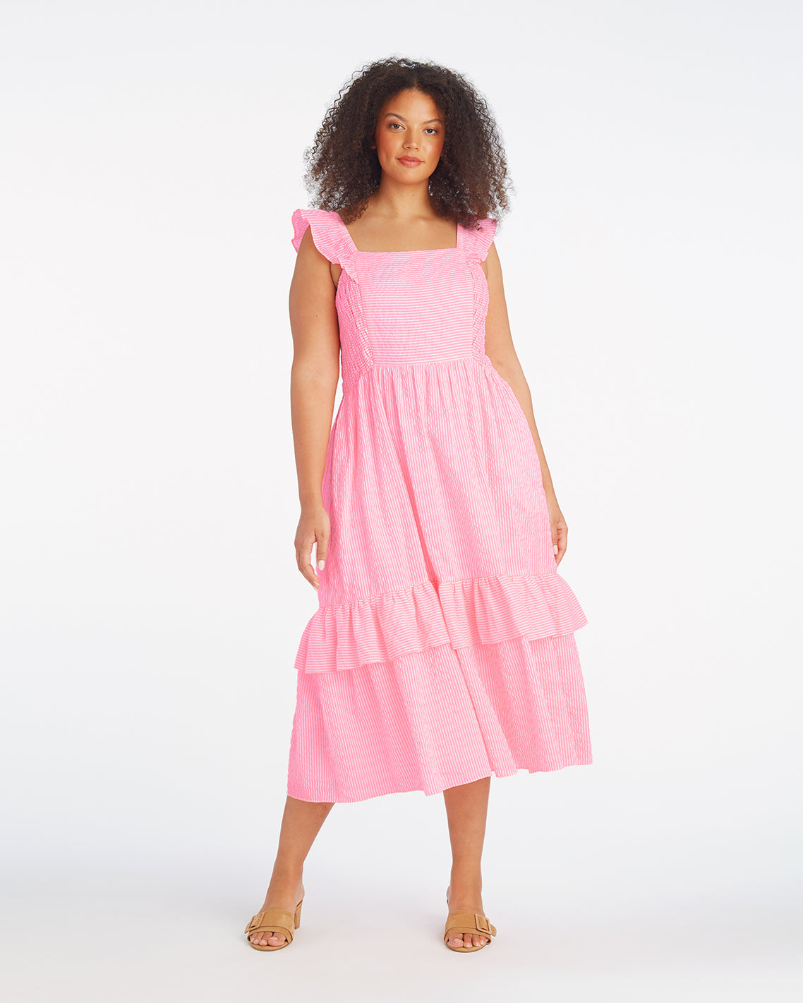 Draper James Pink Seersucker Stripe Carrie Midi Dress in Pink Seersucker