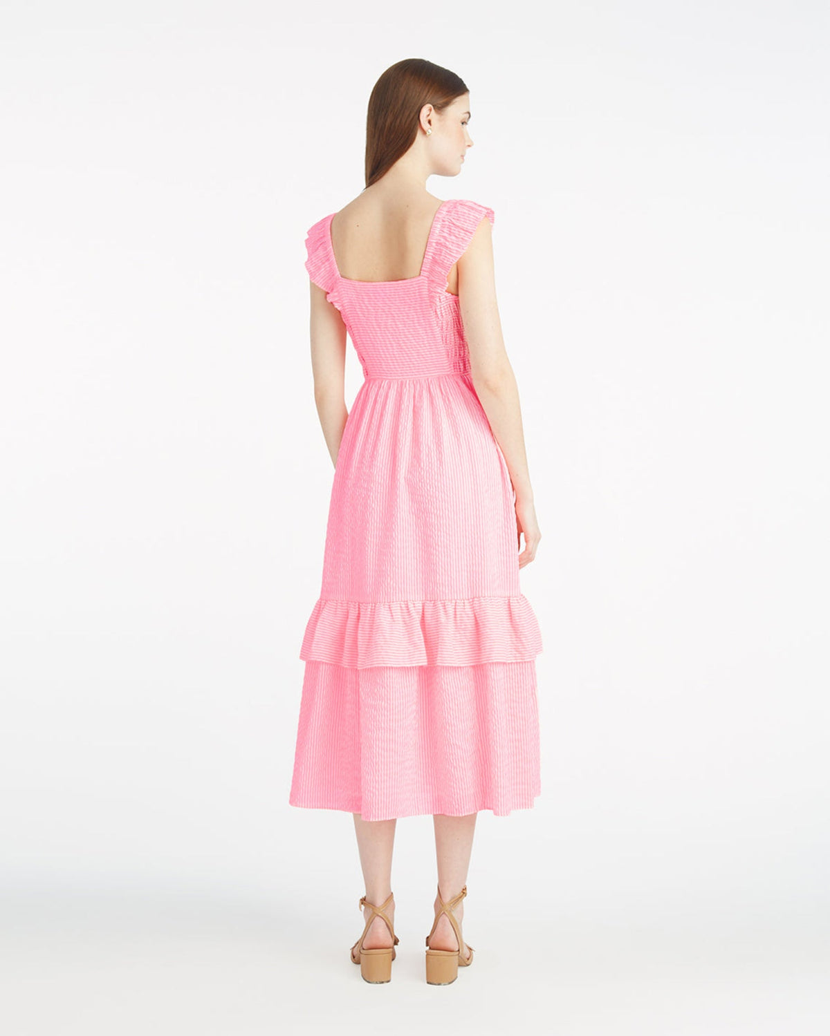 Draper James Pink Seersucker Stripe Carrie Midi Dress in Pink Seersucker