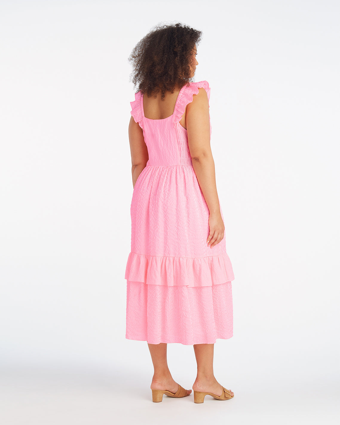 Draper James Pink Seersucker Stripe Carrie Midi Dress in Pink Seersucker