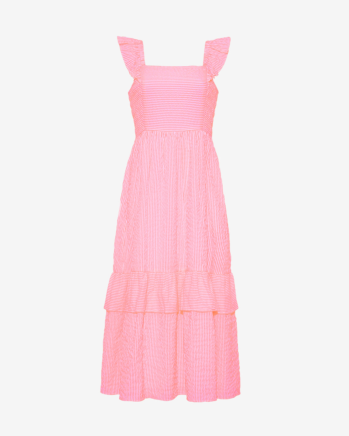 Draper James Pink Seersucker Stripe Carrie Midi Dress in Pink Seersucker