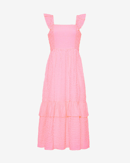 Draper James Pink Seersucker Stripe Carrie Midi Dress in Pink Seersucker