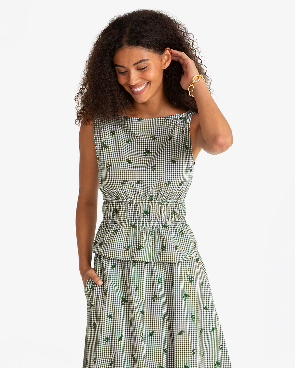 Draper James Green Multi Sleeveless Top in Green Gingham