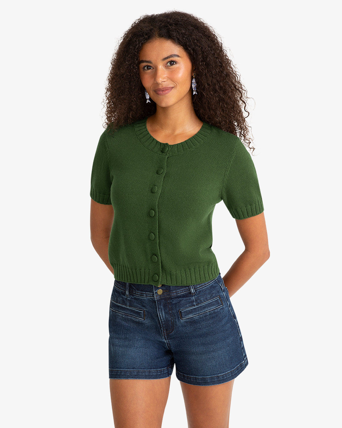 Draper James Green Short Sleeve Puff Sleeve Cardigan