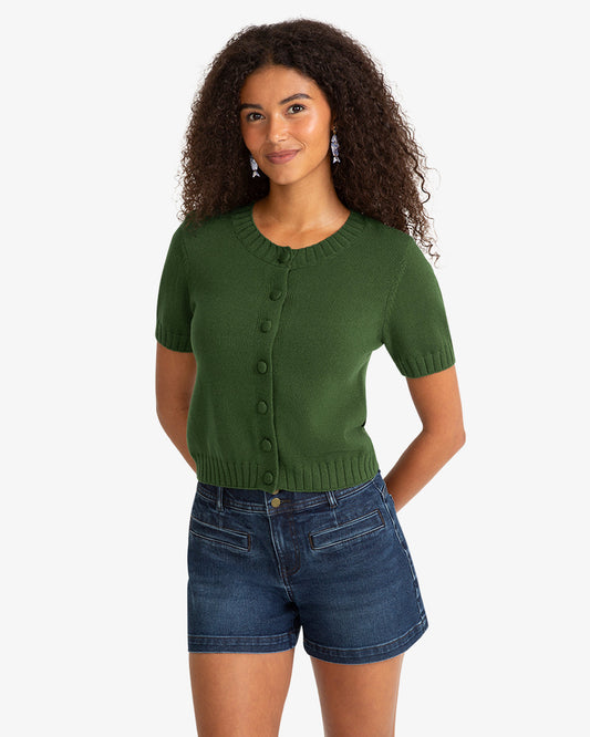 Draper James Green Short Sleeve Puff Sleeve Cardigan