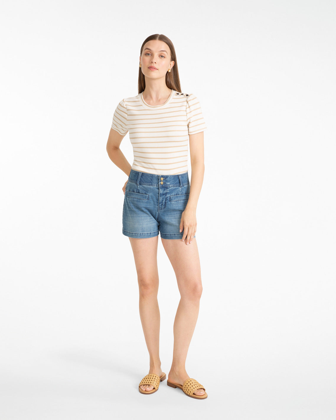 Draper James Magnolia White Multi Stripe Crewneck Tee in Ivory