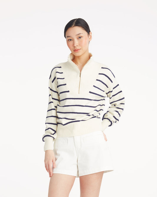 Draper James Mariner Stripe Striped Zip-Up Sweater in Mariner Stripe