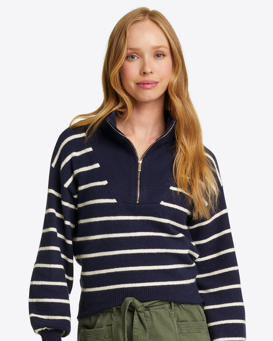 Draper James Nassau Navy Striped Quarter Zip Sweater in Navy Mariner Stripe