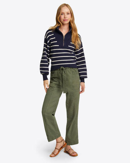 Draper James Nassau Navy Striped Quarter Zip Sweater in Navy Mariner Stripe