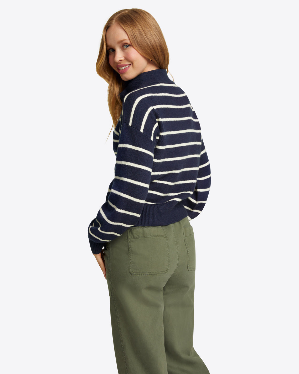 Draper James Nassau Navy Striped Quarter Zip Sweater in Navy Mariner Stripe