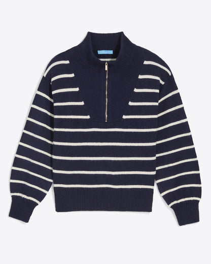 Draper James Nassau Navy Striped Quarter Zip Sweater in Navy Mariner Stripe