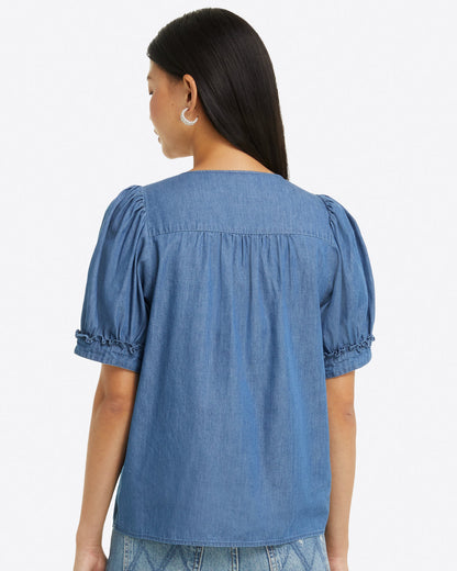 Draper James Medium Wash Heidi V-Neck Top in Chambray