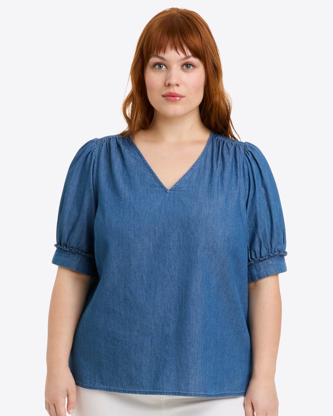 Draper James Medium Wash Heidi V-Neck Top in Chambray