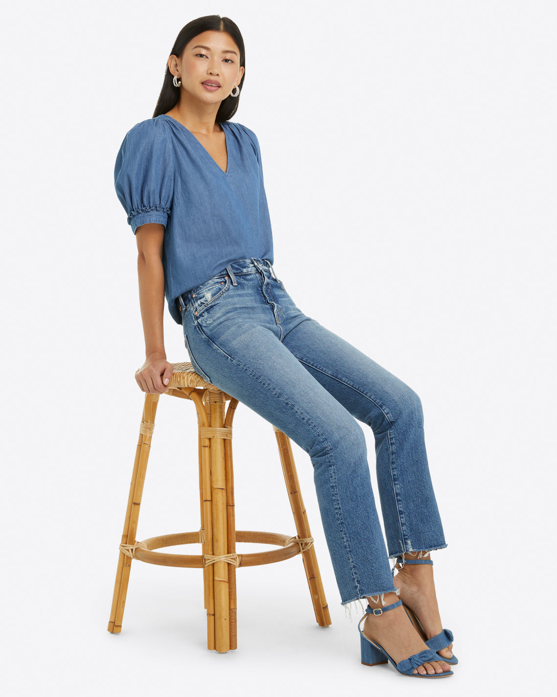 Draper James Medium Wash Heidi V-Neck Top in Chambray