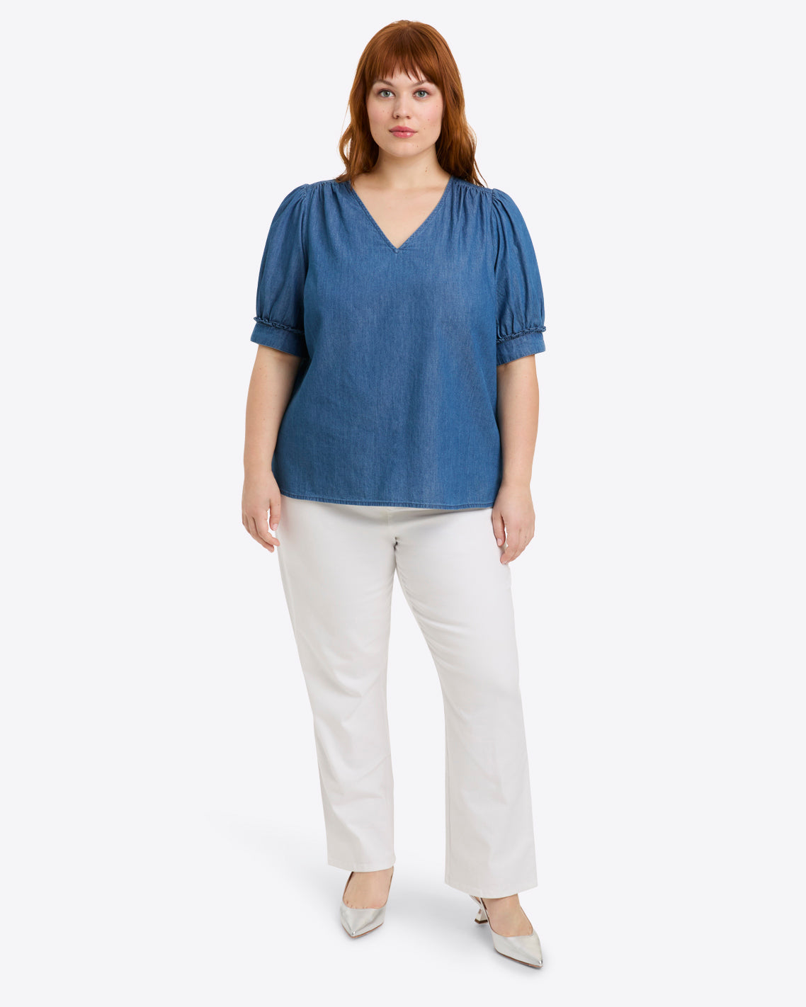 Draper James Medium Wash Heidi V-Neck Top in Chambray
