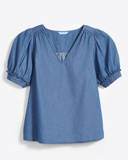 Draper James Medium Wash Heidi V-Neck Top in Chambray