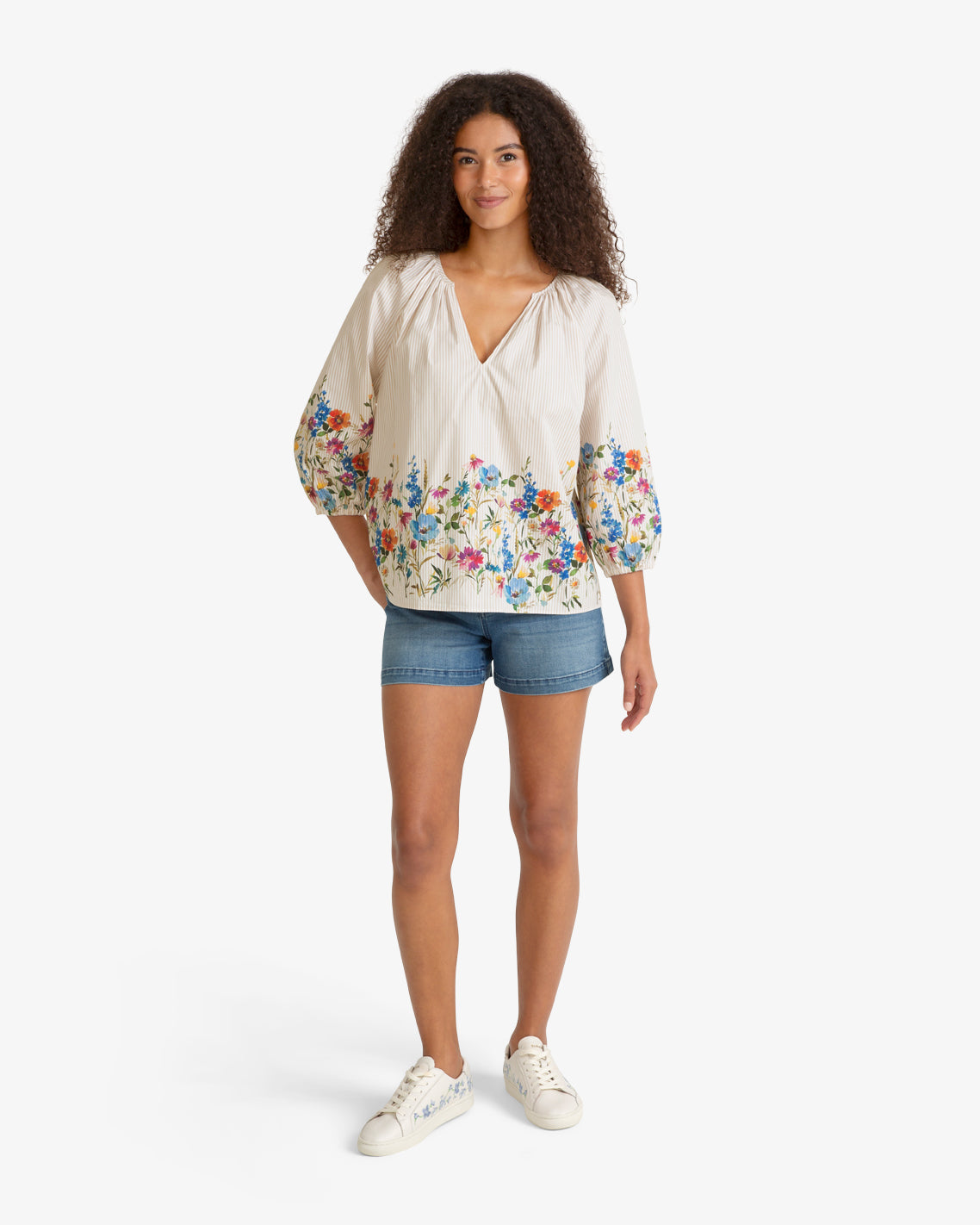 Draper James Tan Short Sleeve Top in Summer Blooms