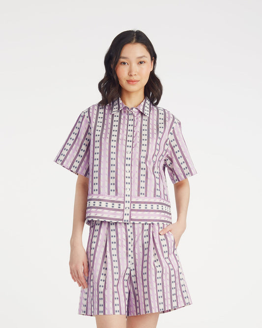 Draper James Dotted Stripes Jacquard Short Sleeve Cropped Button Down | Tops by Draper James