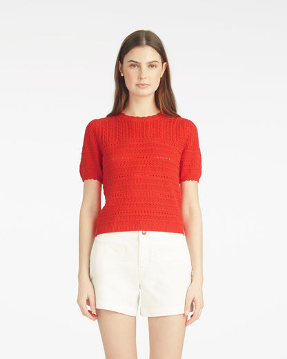 Draper James Red Short Sleeve Pointelle Sweater in Red