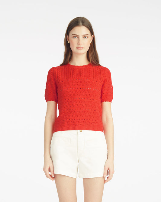 Draper James Red Short Sleeve Pointelle Sweater in Red
