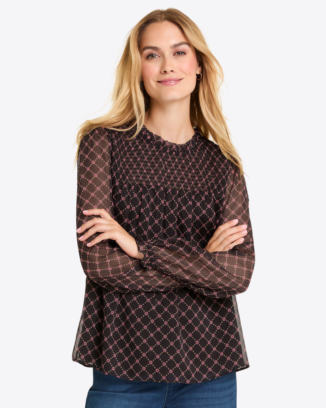 Draper James Black Daisy Trellis Jacqueline Long Sleeve Top in Crinkle Chiffon