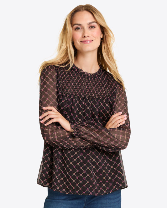 Draper James Black Daisy Trellis Jacqueline Long Sleeve Top in Crinkle Chiffon