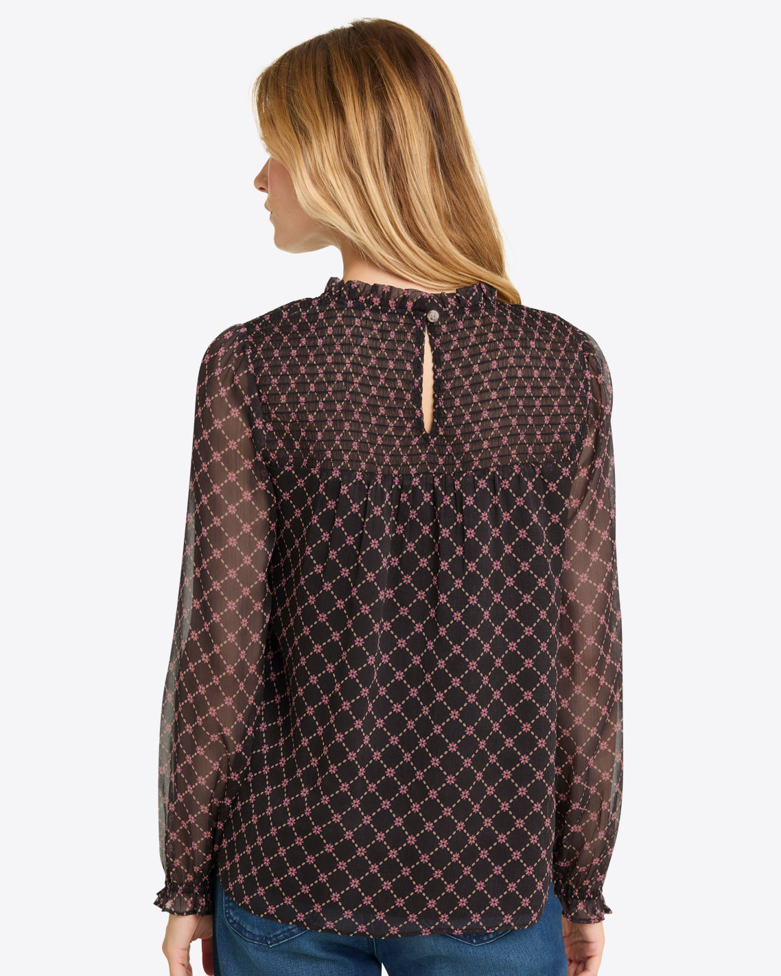 Draper James Black Daisy Trellis Jacqueline Long Sleeve Top in Crinkle Chiffon