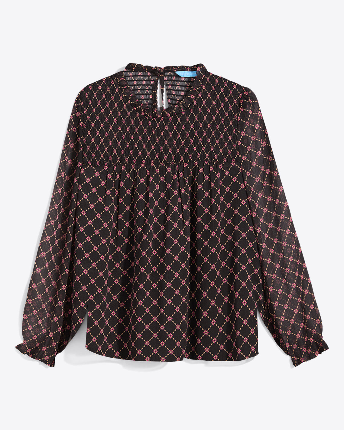 Draper James Black Daisy Trellis Jacqueline Long Sleeve Top in Crinkle Chiffon
