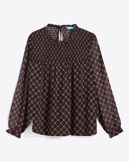 Draper James Black Daisy Trellis Jacqueline Long Sleeve Top in Crinkle Chiffon