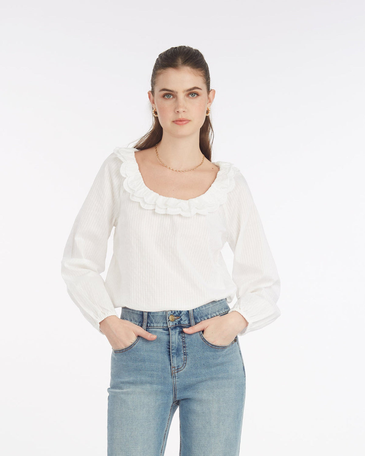 Draper James White Shirting Stripe Reyna Long-Sleeve Top in Textured Shirting Stripe