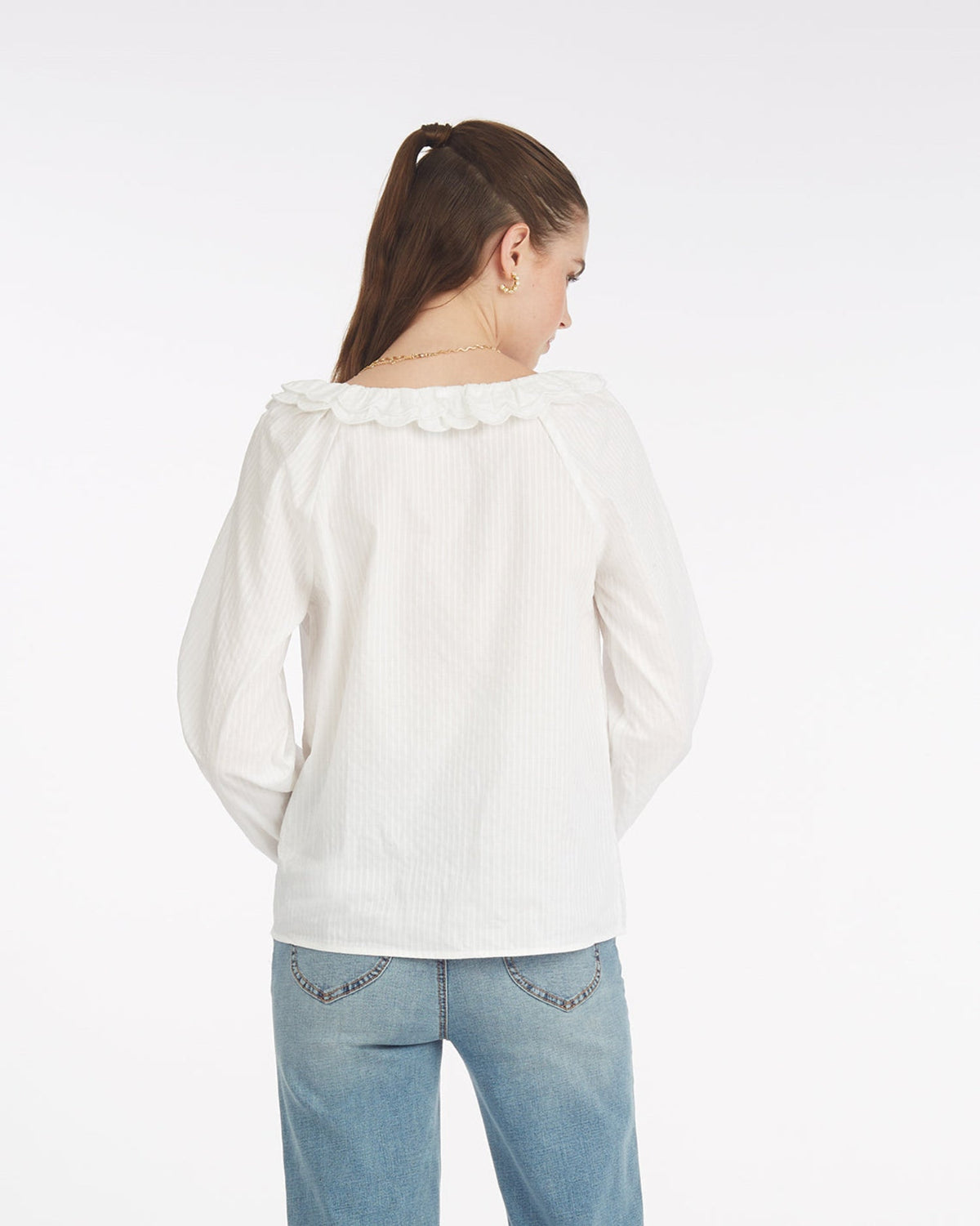 Draper James White Shirting Stripe Reyna Long-Sleeve Top in Textured Shirting Stripe