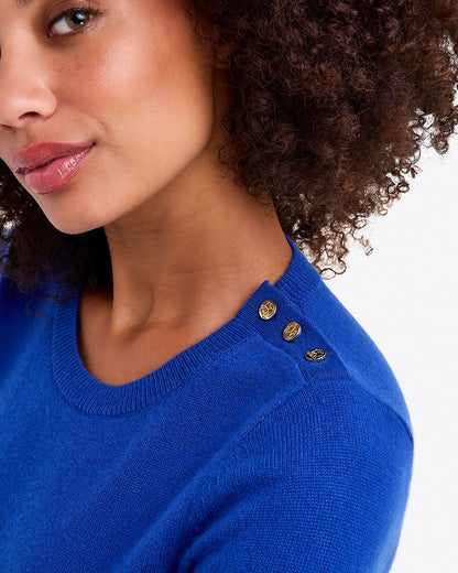 Draper James Royal Blue Button Shoulder Cashmere Sweater in Ivory