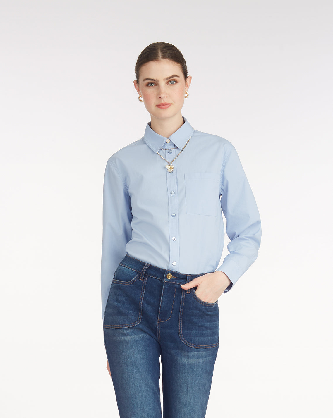 Draper James Light Blue Long-Sleeve Button Down in Cotton Poplin