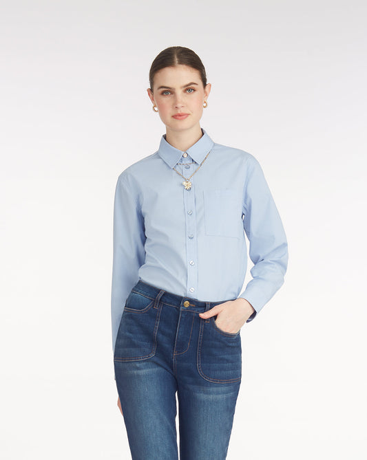Draper James Light Blue Long-Sleeve Button Down in Cotton Poplin