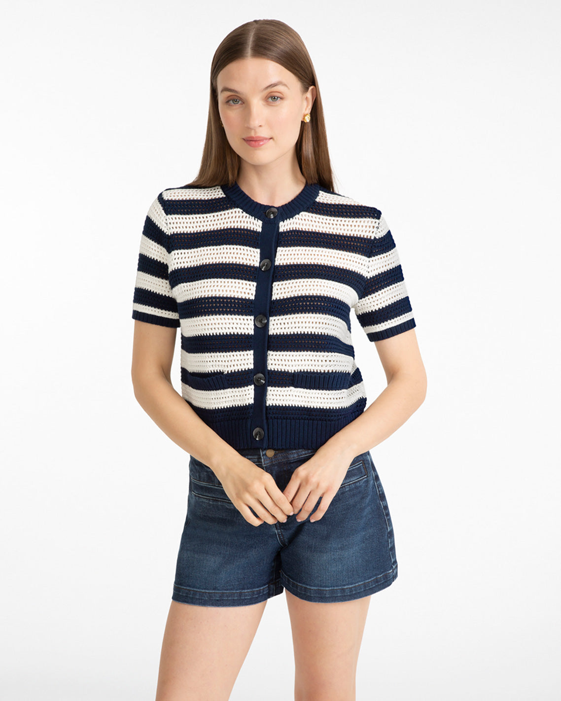Draper James Nassau Navy Multi Blue & White SS Cardigan