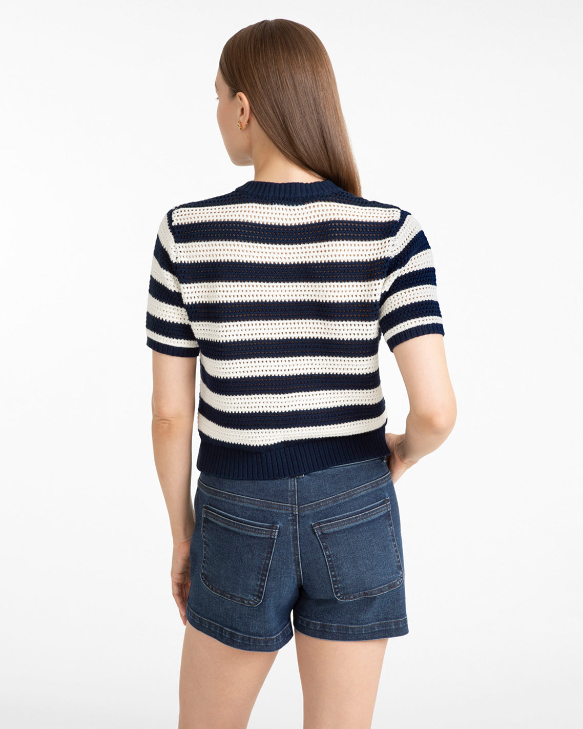 Draper James Nassau Navy Multi Blue & White SS Cardigan