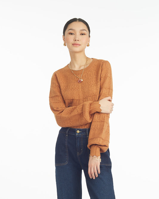 Draper James Brown Long-Sleeve Pointelle Sweater in Ivory