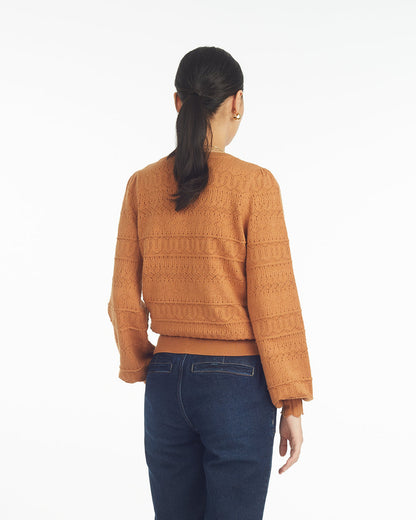 Draper James Brown Long-Sleeve Pointelle Sweater in Ivory