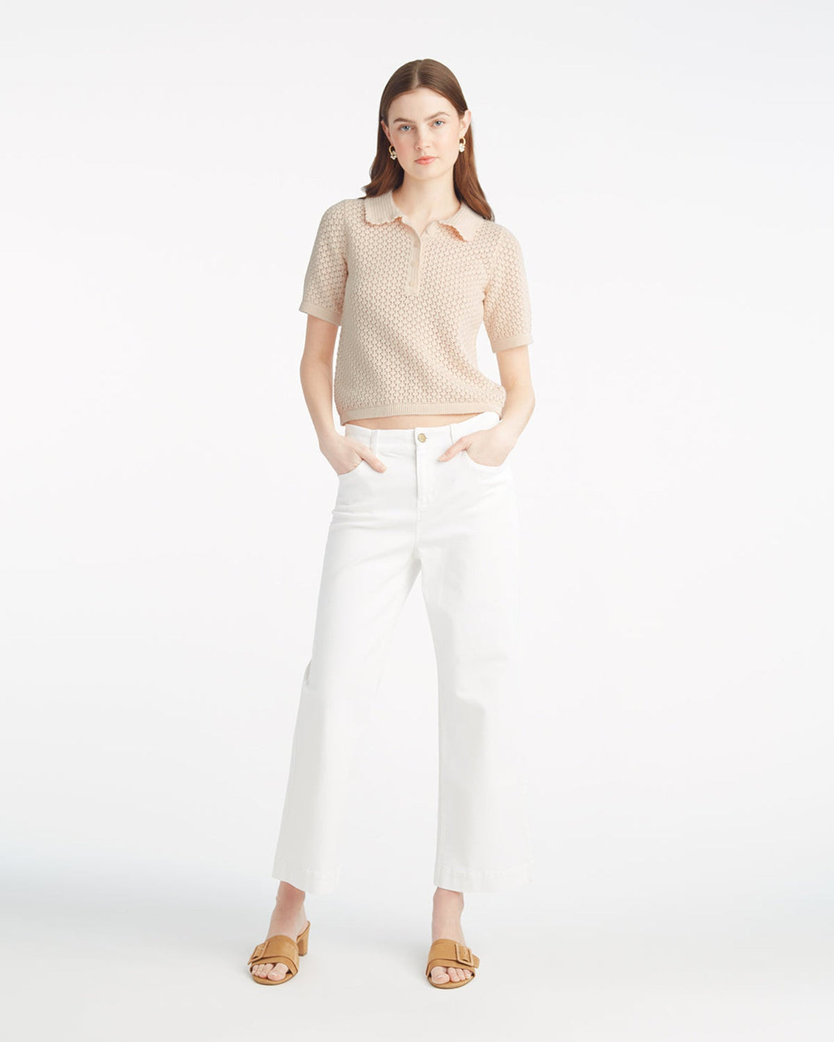 Draper James Beige Sweater Polo with Scalloped Collar